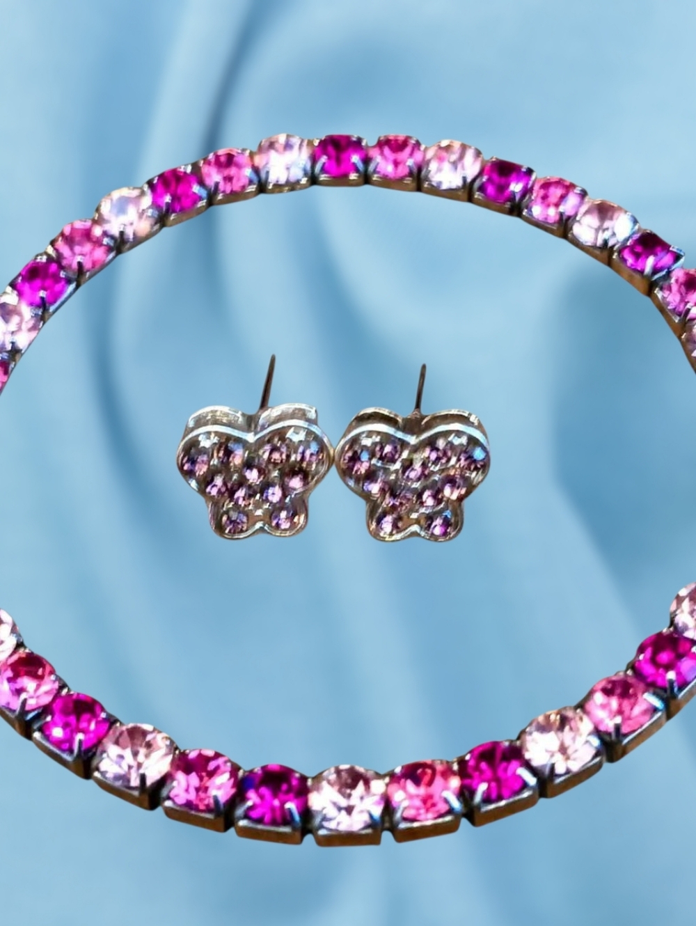 Sparkling Pink Rhinestone Bracelet & Butterfly Stud Earrings Jewelry Set